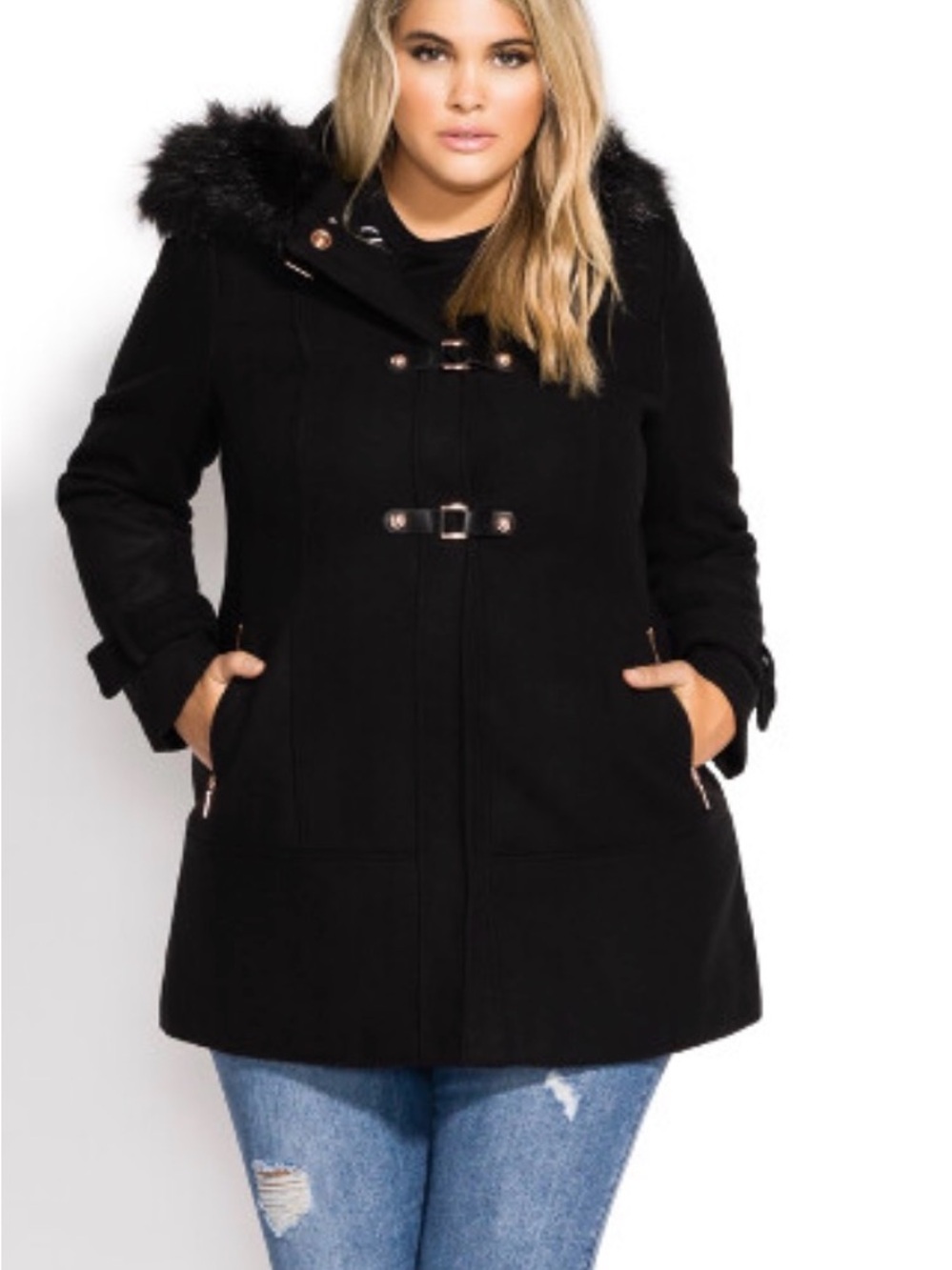 City Chic Black Pea Coat with Faux Fur Trim and rose Gold Accents